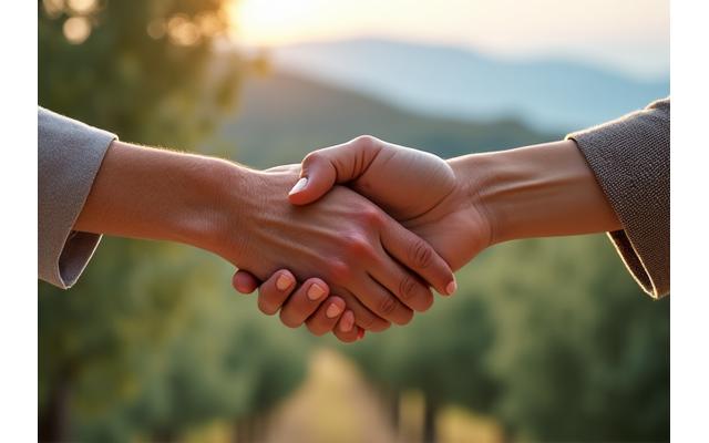 Δύο χέρια ενωμένα σε χειραψία πάνω από μια οθόνη με κείμενο οδηγιών, με φόντο ελληνική φύση.