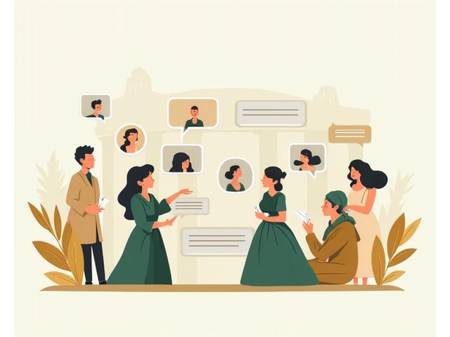 Εικονογράφηση ανθρώπων που συνομιλούν σε ένα φόρουμ στο διαδίκτυο, με συννεφάκια ομιλίας να αναδύονται και διάσπαρτα ελληνικά αρχιτεκτονικά στοιχεία στο φόντο.