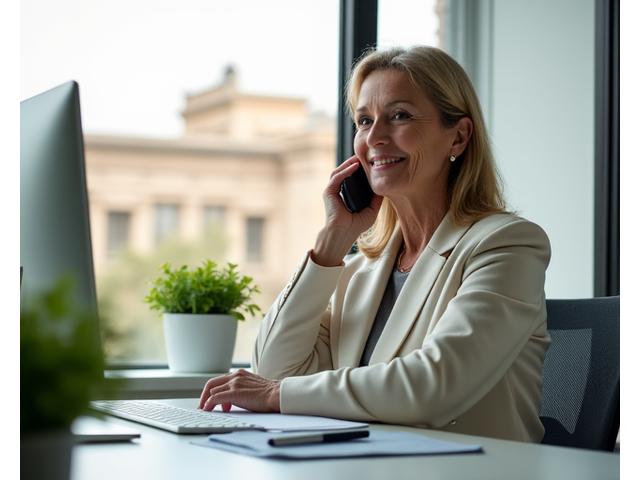 Ευγενικός επαγγελματίας που απαντά στο τηλέφωνο σε ένα φωτεινό, μοντέρνο γραφείο στην Αθήνα, symbolising άμεση εξυπηρέτηση.