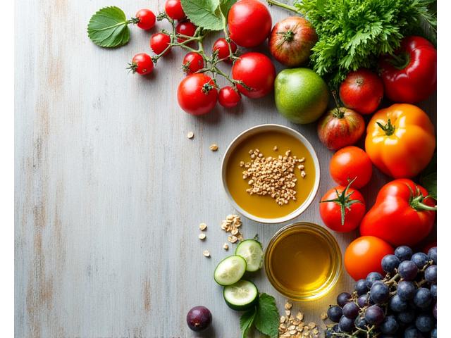 Φρέσκα φρούτα, λαχανικά και δημητριακά που συμβολίζουν την υγιεινή διατροφή