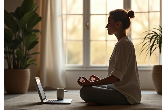 Άτομο σε ήρεμο περιβάλλον που κάνει διαλογισμό με φόντο ψηφιακά στοιχεία