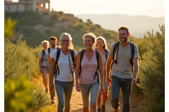 Ομάδα ανθρώπων που κάνουν πεζοπορία σε ένα καταπράσινο δάσος