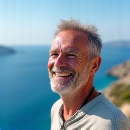 Άντρας χαμογελαστός σε εξωτερικό χώρο, με θέα τη θάλασσα