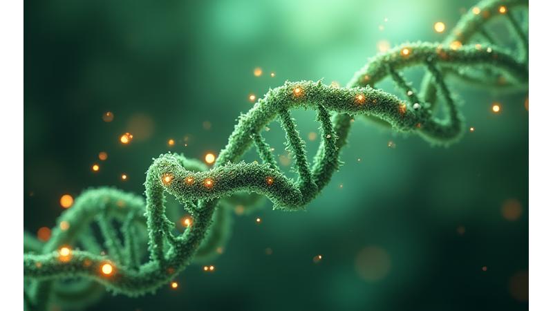 Εικονογράφηση ανθρώπινου DNA με διατροφικά στοιχεία