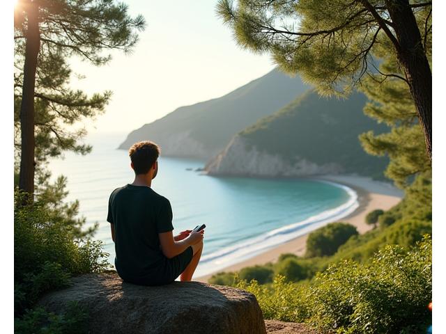Άτομο 30-40 ετών απολαμβάνει τη φύση (δάσος ή παραλία) χωρίς ηλεκτρονικές συσκευές, θέα από πίσω, ενσαρκώνοντας ψηφιακή αποτοξίνωση.