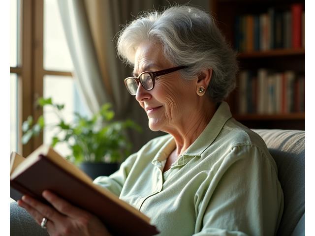 Μια γαλήνια γυναίκα 50+ διαβάζει ένα βιβλίο σε ένα φωτεινό δωμάτιο, σύμβολο πνευματικής διέγερσης και γνωστικής υγείας