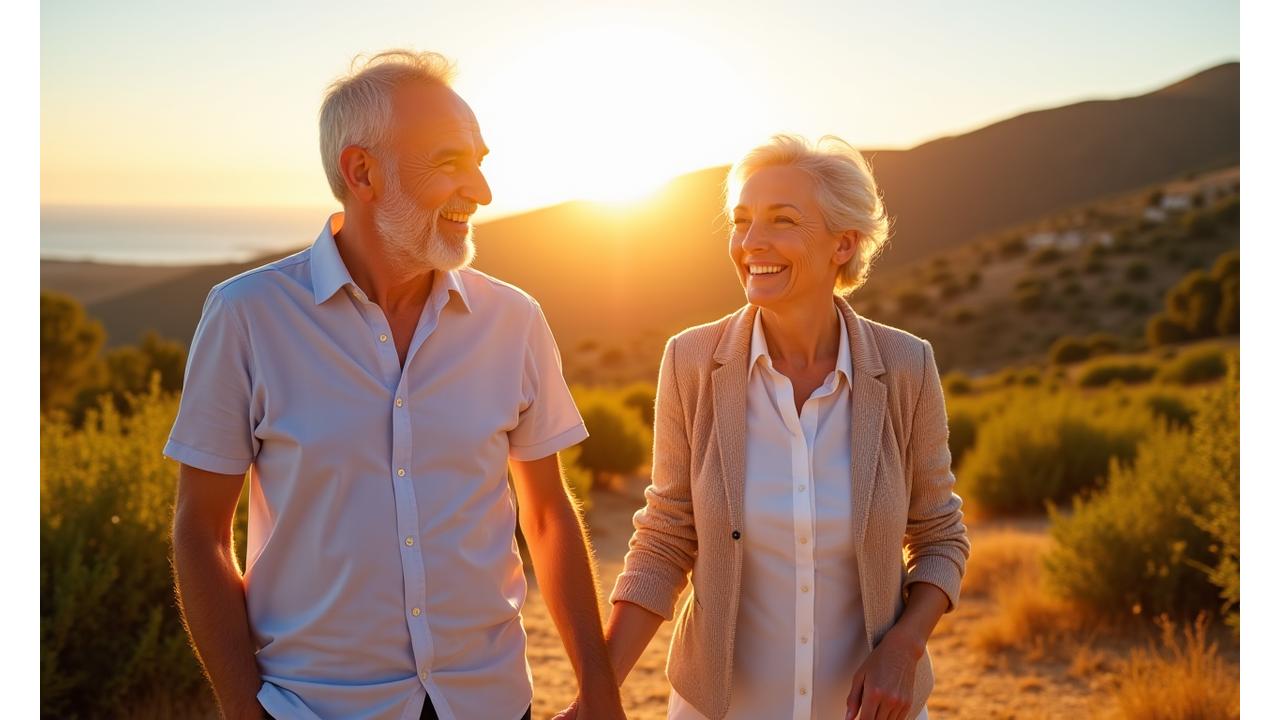 Ευτυχισμένο ζευγάρι 50+ που γελάει σε ένα καταπράσινο τοπίο, σύμβολο ενεργούς γήρανσης