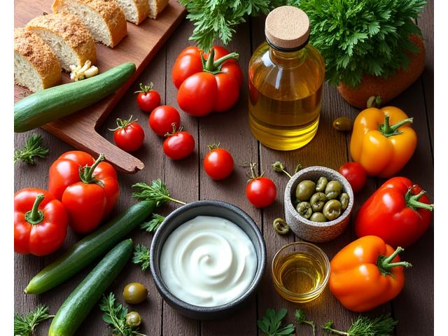 Πλούσιο τραπέζι με μεσογειακά φαγητά, φρούτα, λαχανικά και ελαιόλαδο, σύμβολο υγιεινής διατροφής