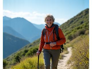 Γυναίκα 62 ετών σε πεζοπορία στο ελληνικό βουνό, γεμάτη ενέργεια και χαρά