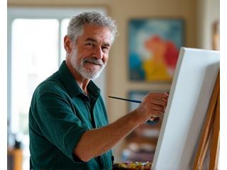 Άνδρας 70 ετών σε μάθημα ζωγραφικής, αφοσιωμένος στη δημιουργική του δραστηριότητα