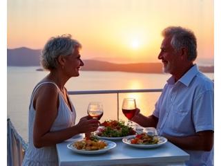 Ζευγάρι 55+ να απολαμβάνει ένα υγιεινό γεύμα σε ένα ελληνικό νησί, χαρούμενοι και ευτυχισμένοι