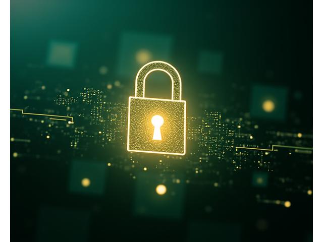 Μια κλειδαριά σε ένα περιβάλλον κυβερνοχώρου, με προστατευτική ασπίδα, συμβολίζοντας την ασφάλεια των δεδομένων και το απόρρητο.