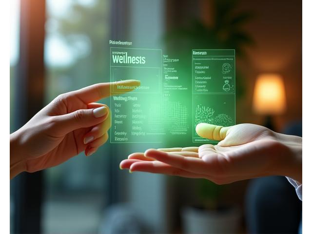 Δύο χέρια αλληλεπιδρούν με ένα ολογραφικό interface που εμφανίζει πλάνα ευεξίας και δείκτες προόδου σε πραγματικό χρόνο.