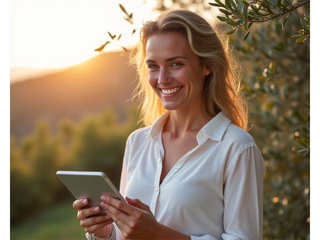 Μια γυναίκα με χαμόγελο χρησιμοποιεί tablet, με οργανικά στοιχεία ευεξίας στο παρασκήνιο, εκπροσωπώντας την προσωποποιημένη προσέγγιση.