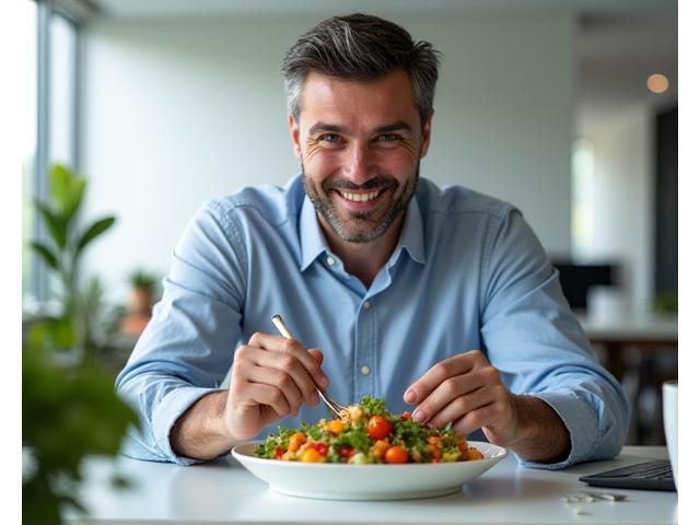 Ένας διευθυντής με κοστούμι, γεμάτος ενέργεια, τρώει ένα υγιεινό γεύμα σε ένα μοντέρνο office space.