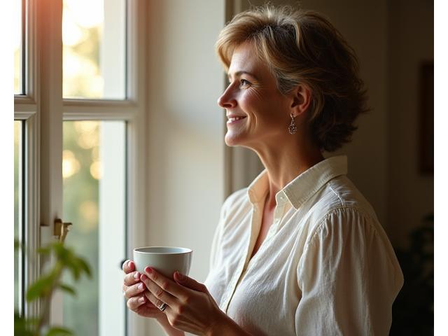 Μια εργαζόμενη μητέρα χαμογελά, κρατώντας ένα φλιτζάνι τσάι, έχοντας βρει ηρεμία και ισορροπία.