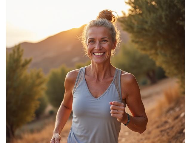 Μια συνταξιούχος γυναίκα κάνει γυμναστική σε εξωτερικό χώρο, χαρούμενη και γεμάτη ζωή, με πράσινη φύση στο παρασκήνιο.