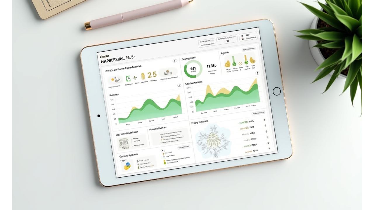 Ένα καθαρό, μοντέρνο dashboard σε tablet, που εμφανίζει γραφήματα και μετρήσεις προόδου ευεξίας, όπως επίπεδα ενέργειας και βήματα.